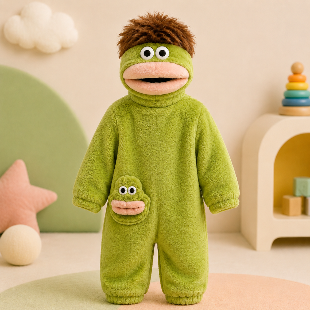 Onesie för barn med monsterdesign och huva – mjukt tyg, rymlig passform | utklädningsdräkt
