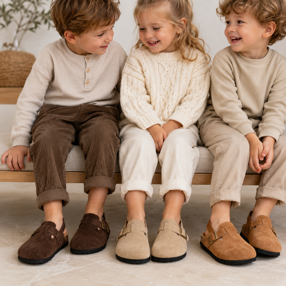 Clogs-sandaler för barn i mockalook med läderovandel, elastiskt hälband, korksula och halkfri design för vardagsbruk