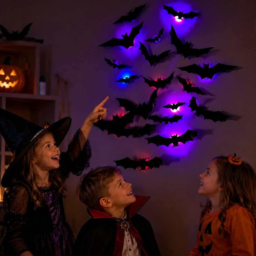 Halloweendekoration med lysande fladdermöss – 3D-effekt, för vägg och dörr | väggdekaler