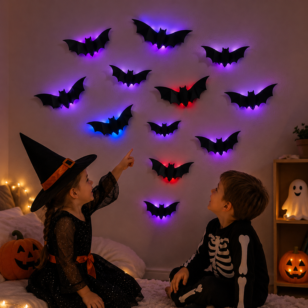 Halloweendekoration med lysande fladdermöss – 3D-effekt, för vägg och dörr | väggdekaler