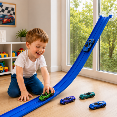 Flexibel bilbana för barn – 395 cm med push-and-go-racerbilar och hinder Lilla Lycka