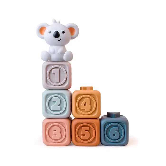 Stapel- och bitleksak koala med kuber och ringar – mjuk plast, texturer | babyleksak