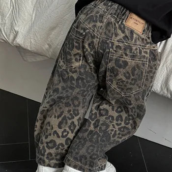 Spijkerbroek met Luipaardprint - Meisjes, Zwart, Katoen, Denim, Maat 1-10 Jaar-More For Mini