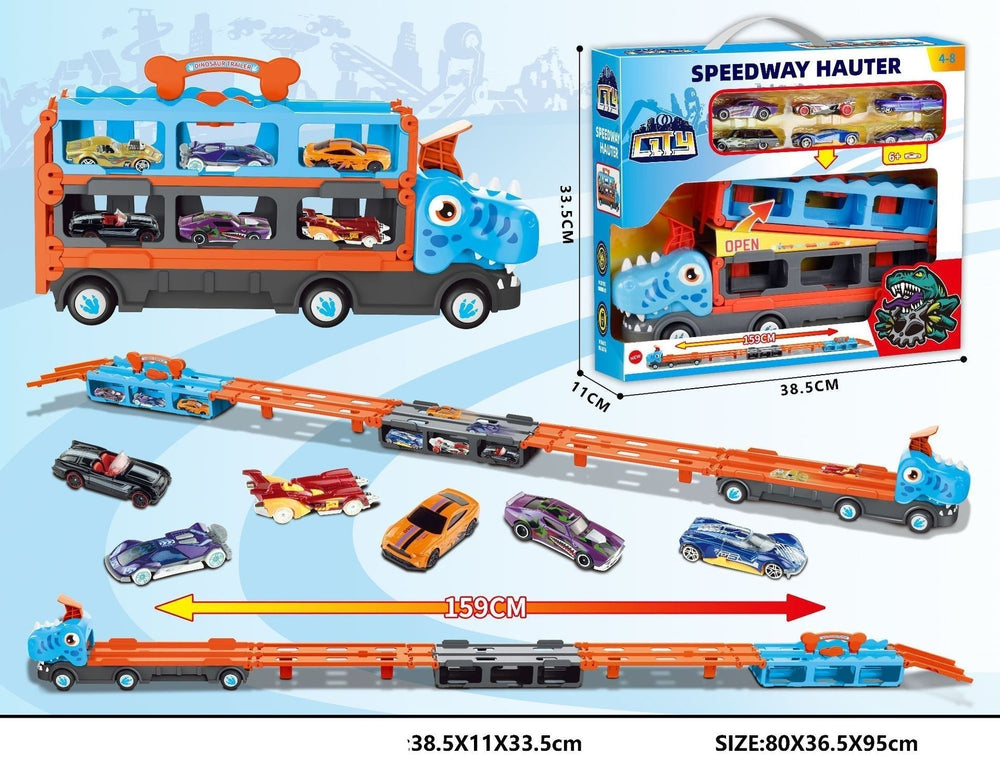 DinoRace Explorer – Speelgoedtruck met Uitschuifbare Racebaan en Mini-Auto's voor Kinderen 3+ More For Mini