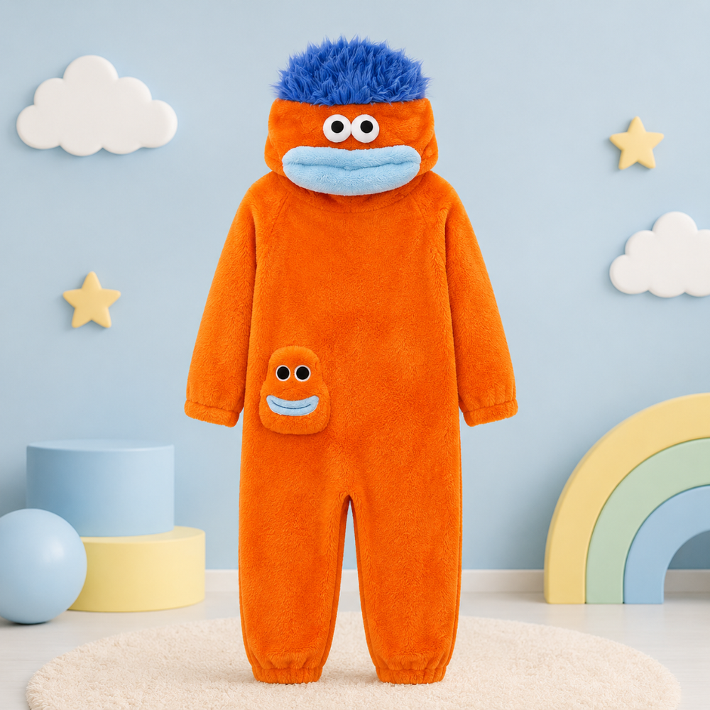 Onesie för barn med monsterdesign och huva – mjukt tyg, rymlig passform | utklädningsdräkt