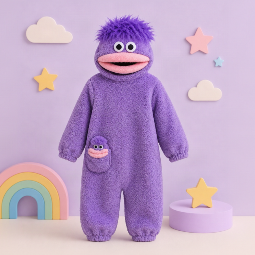 Onesie för barn med monsterdesign och huva – mjukt tyg, rymlig passform | utklädningsdräkt
