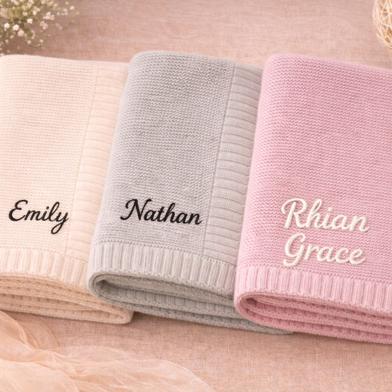 Babyfilt med broderat namn – stickad bomull, ribbad kant, maskintvättbar | personlig babypresent