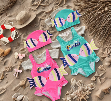 Mjukt & Snabbtorkande Baddräkt för Flickor med Badmössa – Bekväm & Lekfull Design | SunnySplash Badräktset 0–4 År More For Mini