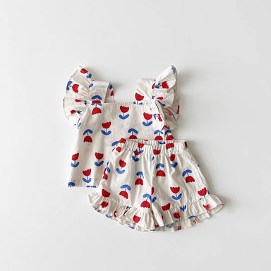 Lulu & Leaf Sommarset Flicka – 2-delad Bomullsoutfit med Volanger & Tulpanmönster (0–5 år) More For Mini