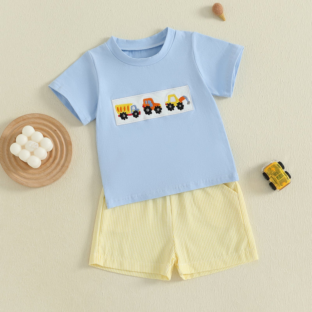 MiniMachines Zomerset Jongens | T-shirt met Bouwvoertuigen & Gestreepte Gele Short | Katoen & Polyester | 0–4 Jaar | Comfortabele Zomeroutfit More For Mini