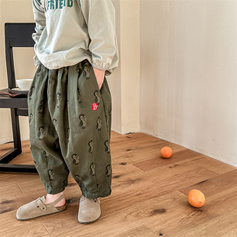 Byxa med Pingvintryck – Woodsy Unisex, Beige/Grön, Bomull, Storlek 0–6 År More For Mini