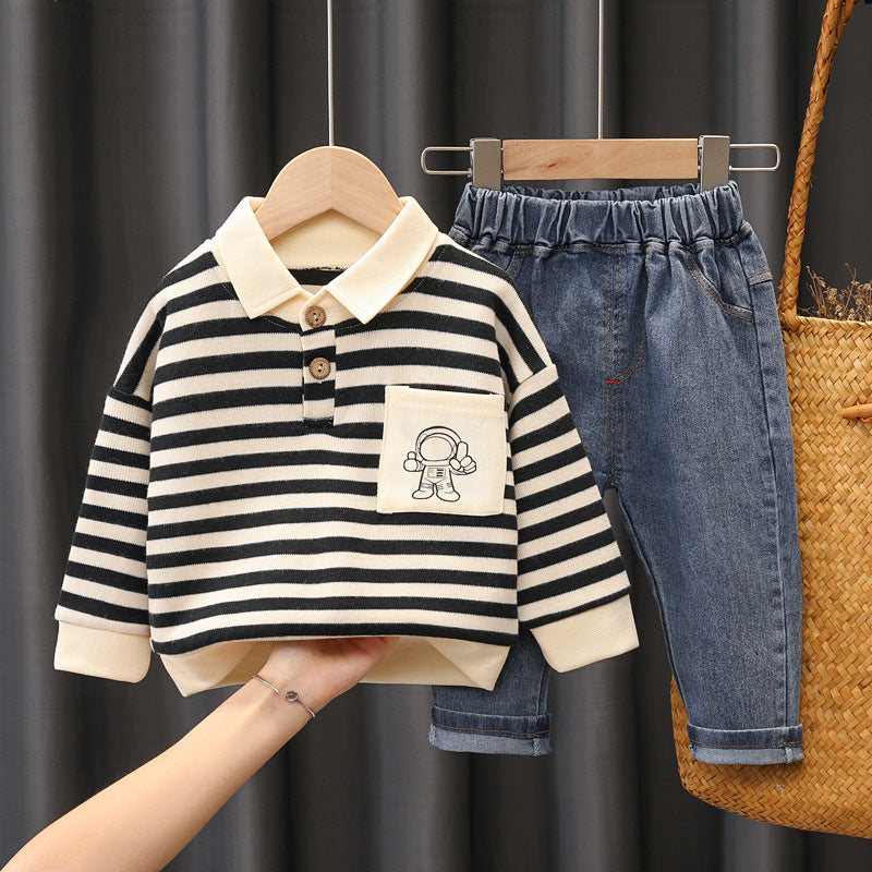 Set med Randig Tröja och Jeans – Astronaut Little Voyager Pojkar, Röd/Blå/Svart, Bomull, Storlek 0–5 år More For Mini