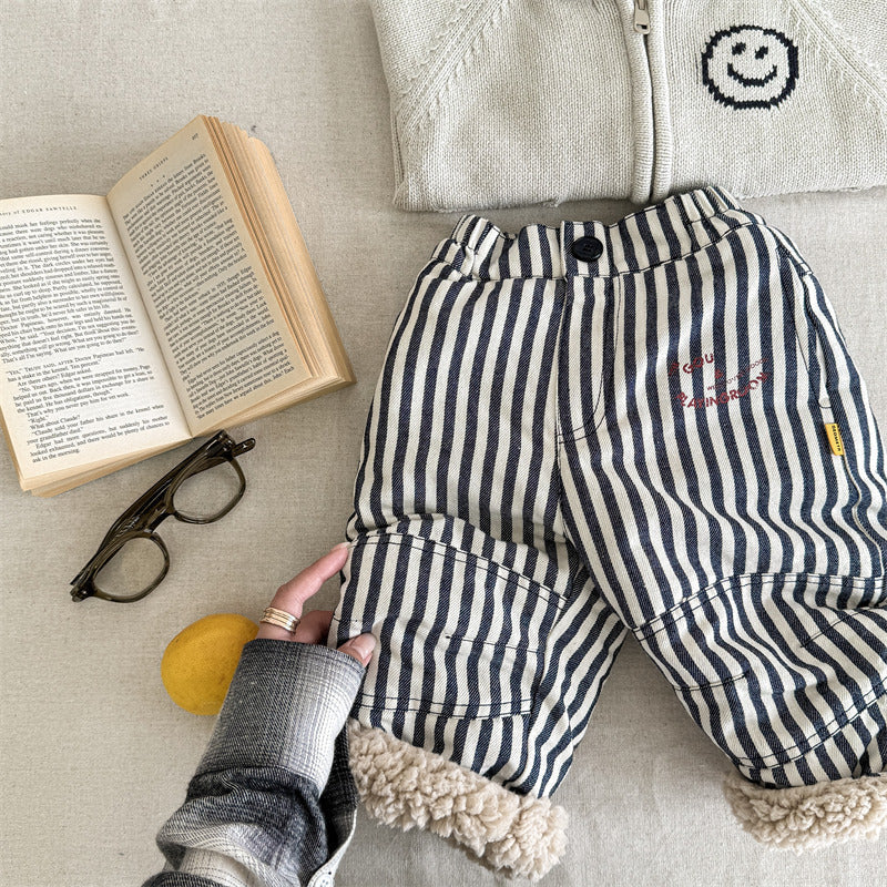 Broek met Fleece binnenkant - Little Explorer Unisex, Blauw/Groen/Gestreept, Katoen, Maat 0-6 Jaar-More For Mini