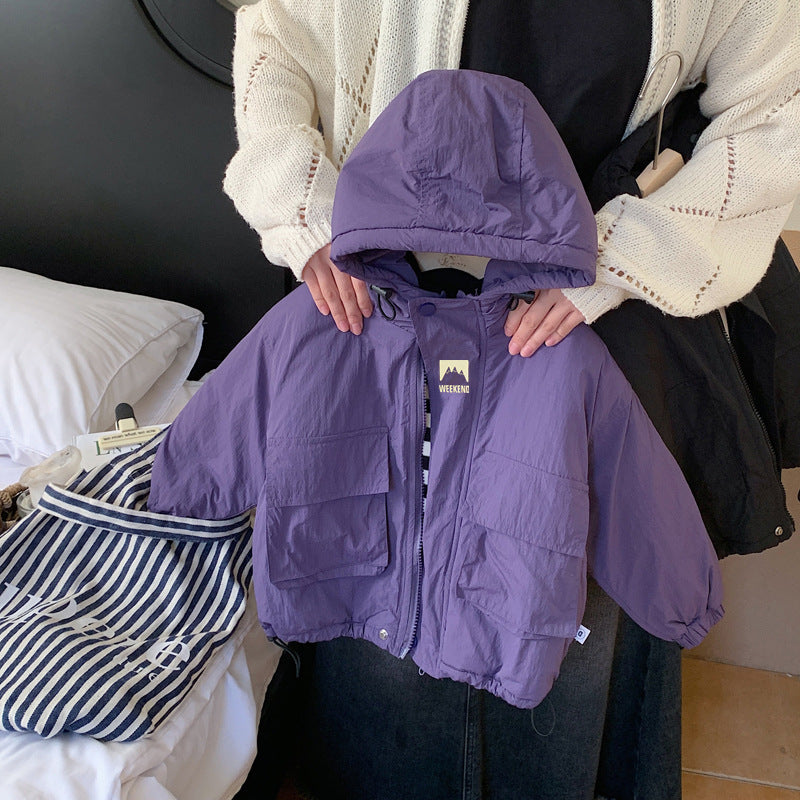 Windjas met Capuchon - Lilo Unisex, Zwart/Paars, Polyester, Maat 0-6 Jaar-More For Mini