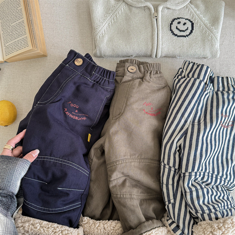 Broek met Fleece binnenkant - Little Explorer Unisex, Blauw/Groen/Gestreept, Katoen, Maat 0-6 Jaar-More For Mini