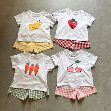 Frubino Frukt & Grönt Set – Sommarklädeset Baby/Småbarn/Barn 0–9 år – T-shirt + Rutiga Shorts – 100 % Bomull – Unisex – Fruktmotiv More For Mini