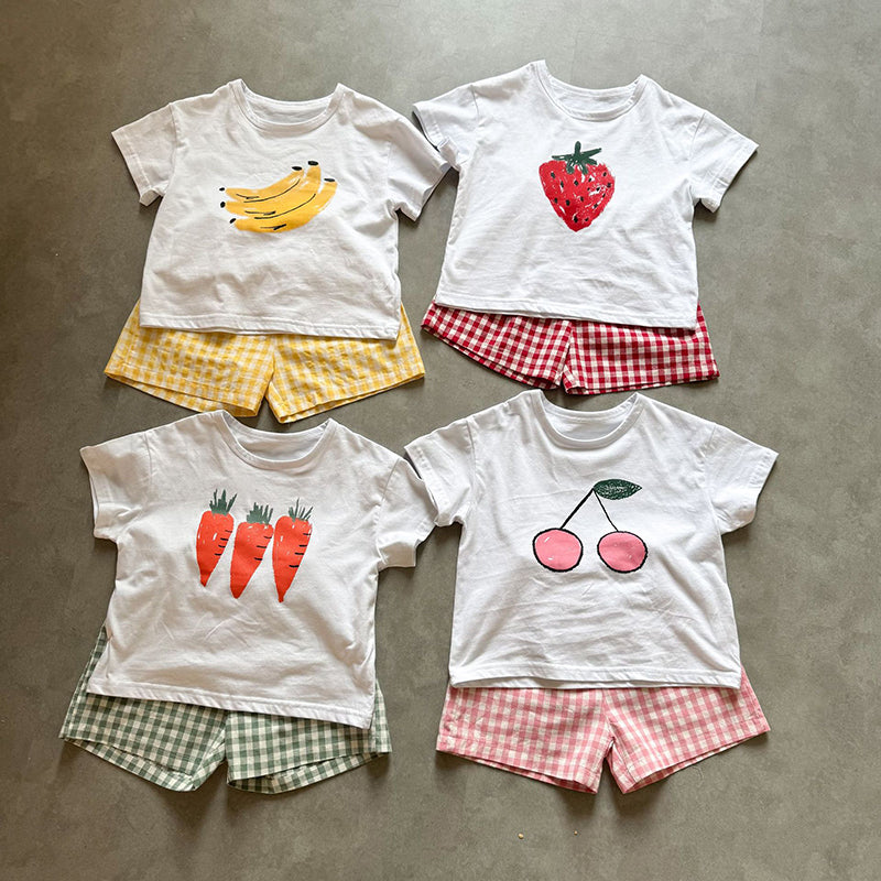 Frubino Frukt & Grönt Set – Sommarklädeset Baby/Småbarn/Barn 0–9 år – T-shirt + Rutiga Shorts – 100 % Bomull – Unisex – Fruktmotiv More For Mini