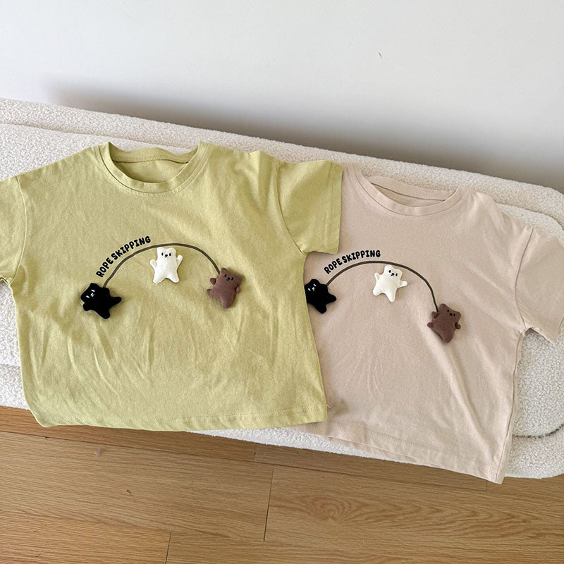 3D T-shirt med björnar som hoppar hopprep – Beary Bounce Unisex, Beige/Grön, Bomull, Storlek 0–8 år More For Mini