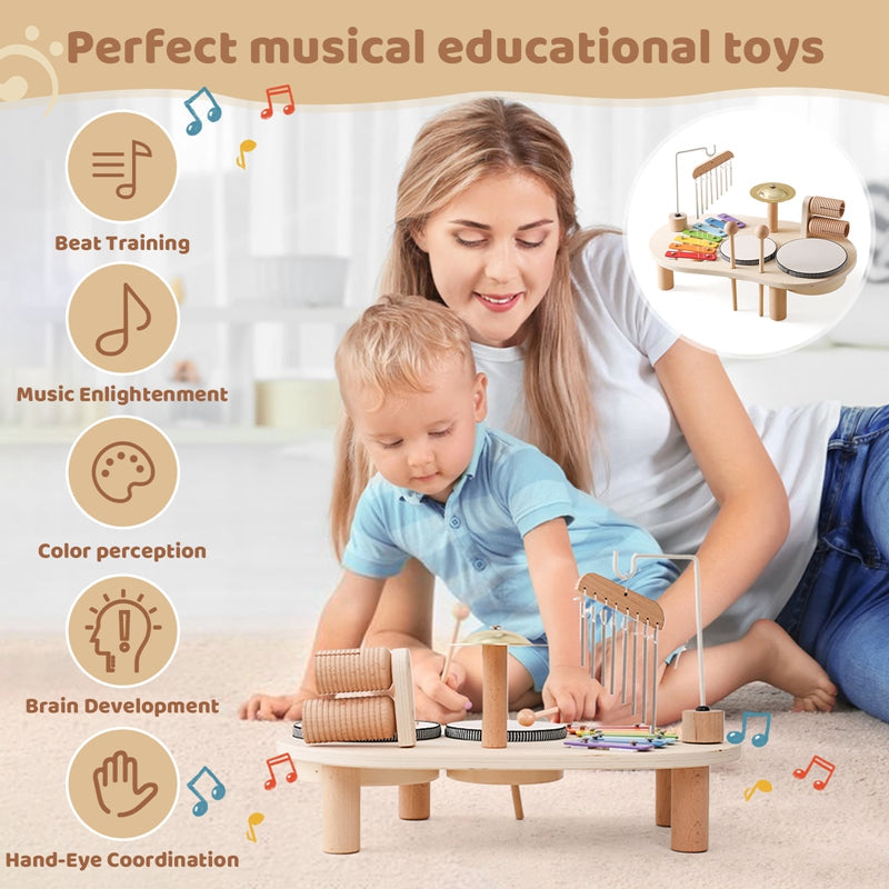 Trämusikbord – Pedagogiskt Musikinstrument för Barn, Inklusive Trummor, Xylofon & Cymbaler, från 1 år More For Mini