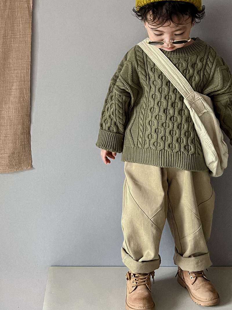 Gebreide Trui met Kabel - Pyong Unisex, Bruin/Groen/Beige, Katoen, Maat 0-6 Jaar-More For Mini