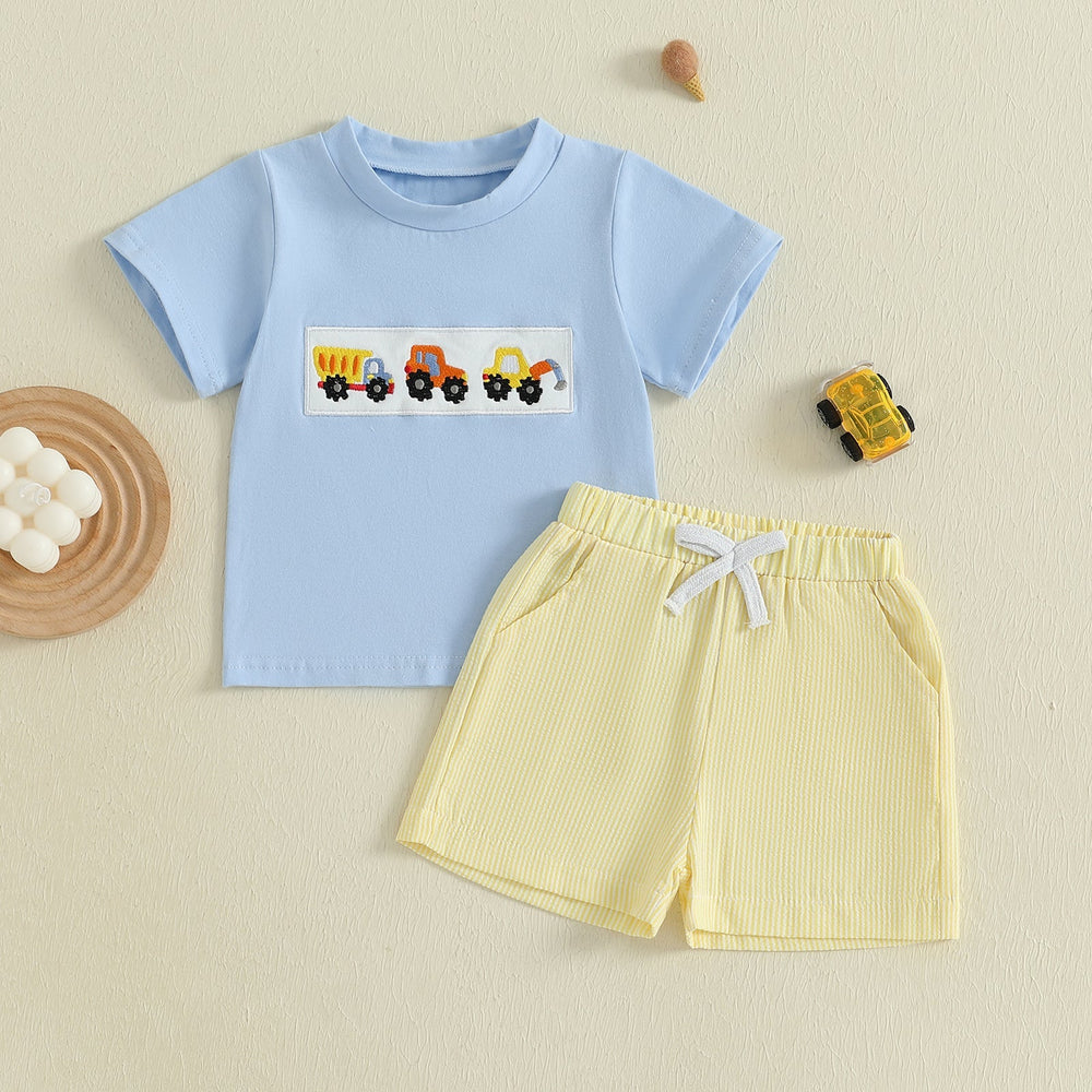 MiniMachines Zomerset Jongens | T-shirt met Bouwvoertuigen & Gestreepte Gele Short | Katoen & Polyester | 0–4 Jaar | Comfortabele Zomeroutfit More For Mini