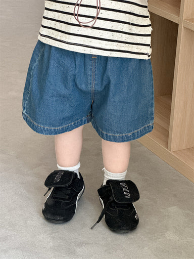 Lunari Breton T-shirt & Denim Shorts Set – Sommarklädset Barn 0–3 år – Ecru/Svart + Blå Shorts – Unisex & Bekväm MoreForMini