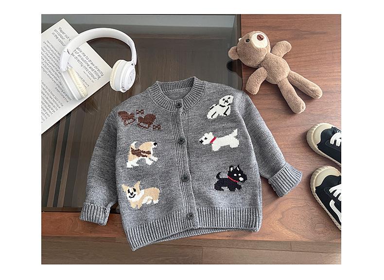 Gebreid Vest met Honden - Puppy Love Unisex, Grijs, Katoen, Maat 0-4 Jaar-More For Mini