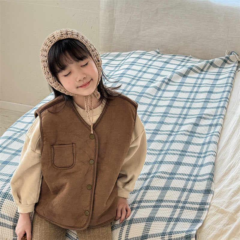 Tweezijdige Bodywarmer - CuddleSwitch Meisjes, Bruin/Blauw, Suède, Maat 0-6 Jaar-More For Mini