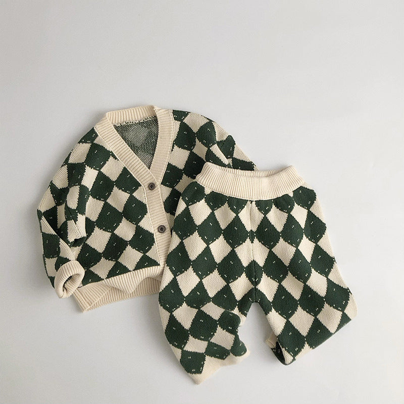Stickat rutigt klädset – Lilla schackmästaren unisex, Beige/Grön, Bomull, Storlek 0–6 år More For Mini