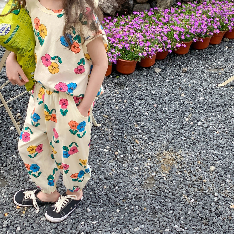 Floree Sommarset Barn – 2-delad bomullsoutfit med blommönster – T-shirt och byxor – Flicka/Baby/Småbarn – Storlek 0–8 år More For Mini