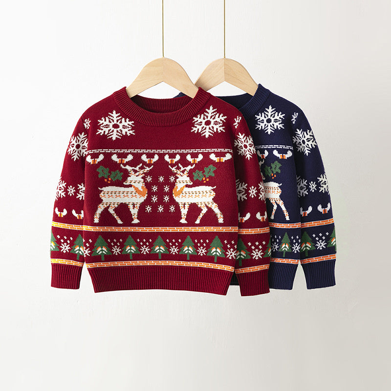 Kersttrui met Rendieren en Sneuwvlokken - Unisex, Rood/Blauw, Katoen, Maat 1-6 Jaar-More For Mini