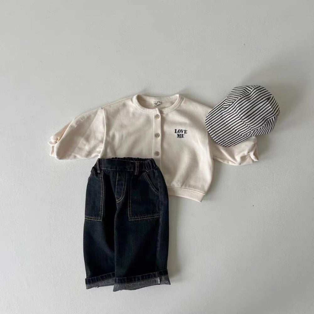 Vest met Love Me borduursel - Tender Meisjes, Blauw/Beige, Katoen, Maat 0-6 Jaar-More For Mini