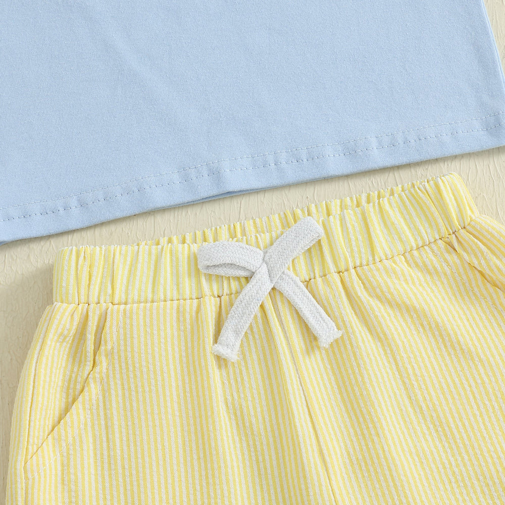 MiniMachines Zomerset Jongens | T-shirt met Bouwvoertuigen & Gestreepte Gele Short | Katoen & Polyester | 0–4 Jaar | Comfortabele Zomeroutfit More For Mini
