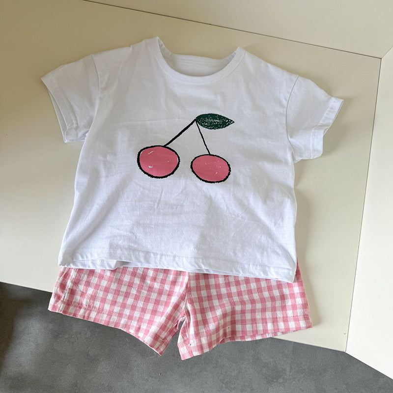 Frubino Frukt & Grönt Set – Sommarklädeset Baby/Småbarn/Barn 0–9 år – T-shirt + Rutiga Shorts – 100 % Bomull – Unisex – Fruktmotiv More For Mini