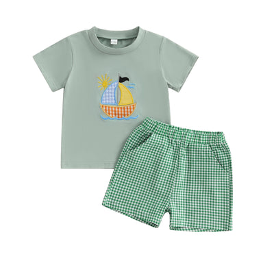 SailAway Zomerset Jongens | T-shirt met Zeilboot & Groene Ruitjes Short | Katoen & Polyester | 6mnd–4jr | Zomerse Outfit voor Peuters More For Mini
