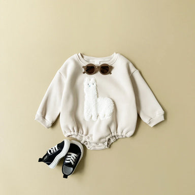 Bodysuit Romper met Lama print – Baby, Beige/Bruin, Katoen, Maat 0-1,5 Jaar-More For Mini