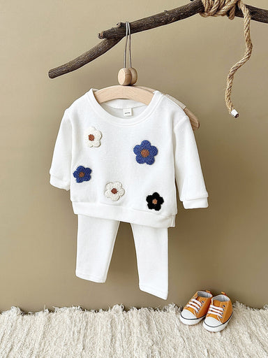 Träningsdräkt med blommor – Bloomy Flickor, Vit/Blå/Gul, Bomull, Storlek 0–3 år More For Mini