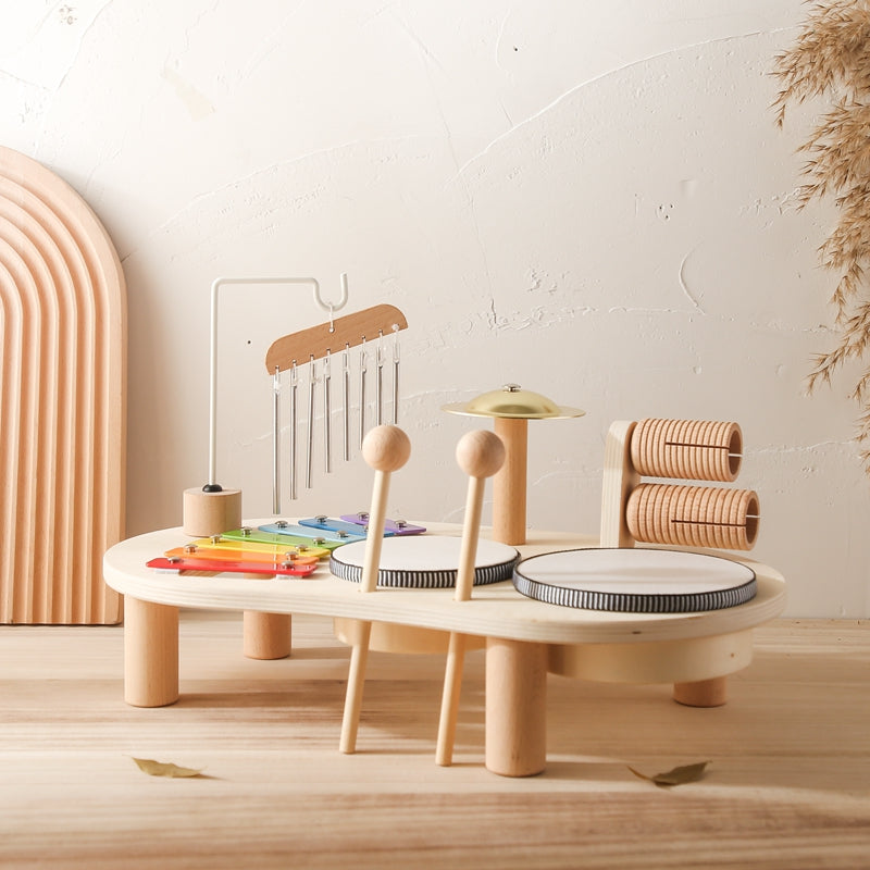 Trämusikbord – Pedagogiskt Musikinstrument för Barn, Inklusive Trummor, Xylofon & Cymbaler, från 1 år More For Mini
