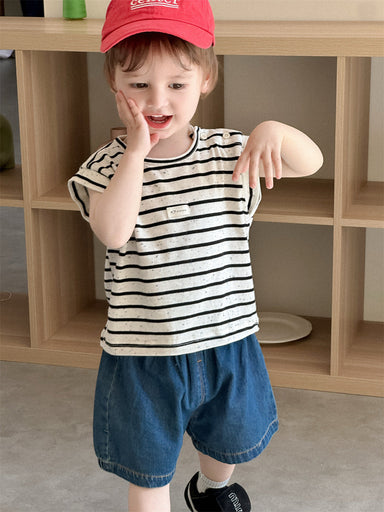 Lunari Breton T-shirt & Denim Shorts Set – Sommarklädset Barn 0–3 år – Ecru/Svart + Blå Shorts – Unisex & Bekväm MoreForMini