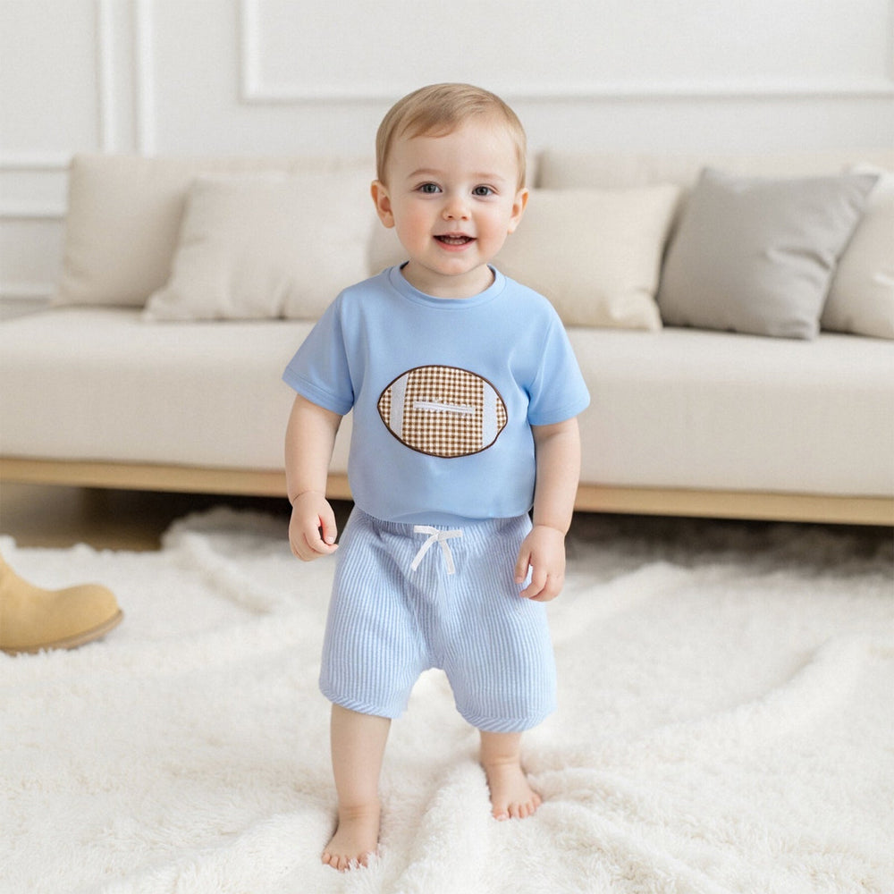 Touchdown Zomerset Jongens | T-shirt met Rugbybal & Lichtblauwe Short | Katoen & Polyester | 6mnd–4jr | Sportieve Babyoutfit More For Mini
