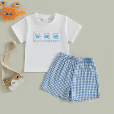 CrabbyCool Zomerset Baby & Peuter | T-shirt met Krabjes & Ruitjes Short | Katoen & Polyester | 6mnd–4jr | Wit & Blauw More For Mini