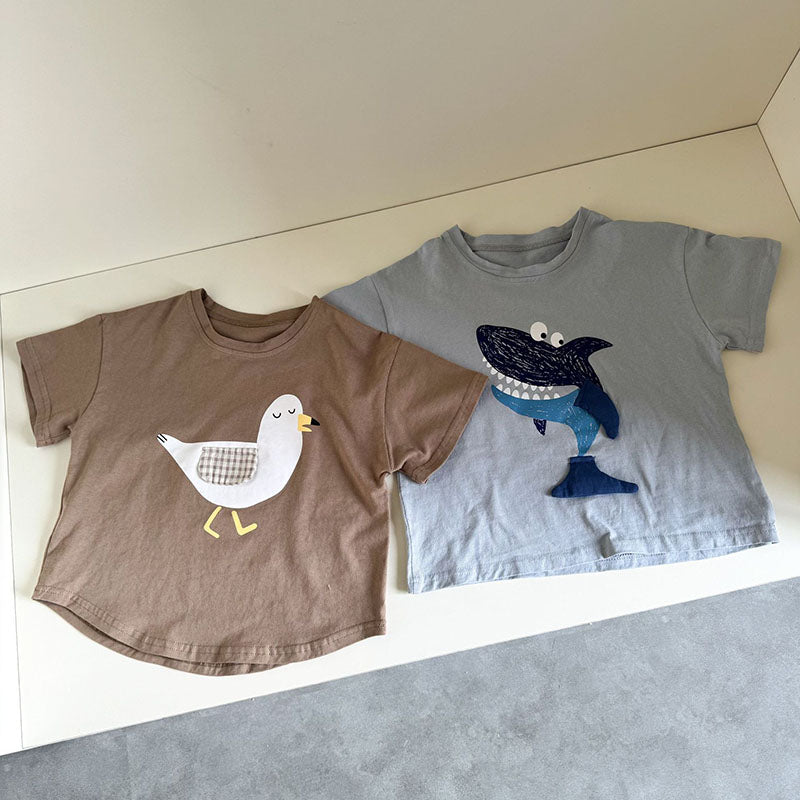 3D T-shirt med haj och mås – Baby, Småbarn, Förskolebarn, Barn, Blå/Brun, Bomull, Storlek 0–8 år More For Mini