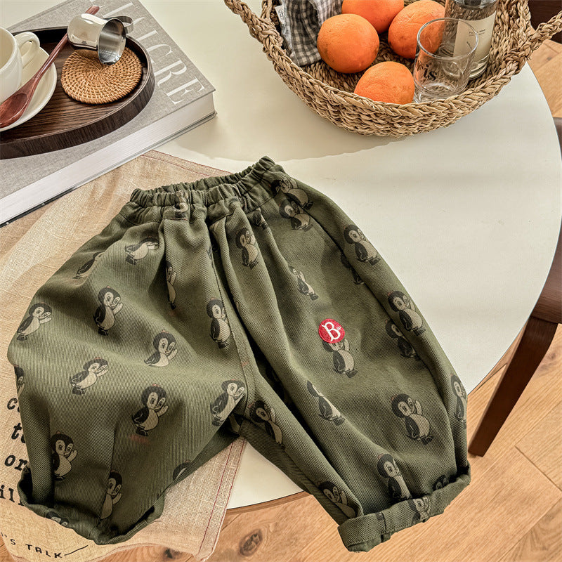 Byxa med Pingvintryck – Woodsy Unisex, Beige/Grön, Bomull, Storlek 0–6 År More For Mini