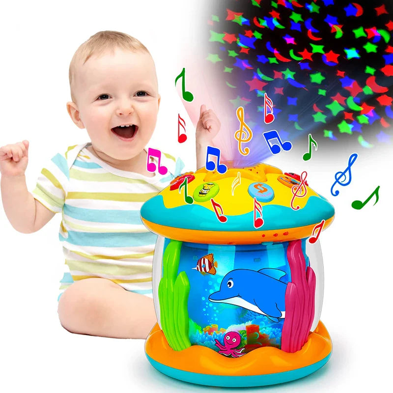 Montessori Tummy Tijd Projector – Oceaan Wereld Projectie, Zintuiglijke Stimulatie, BPA-vrij, Draagbaar, Kalmerende Muziek & Natuurgeluiden-More For Mini