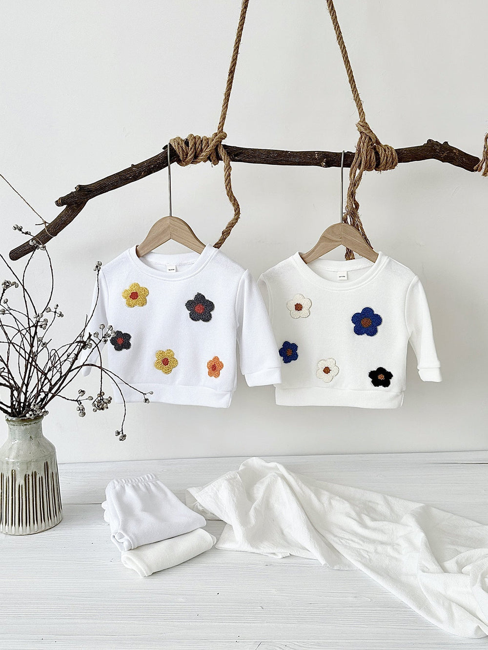Träningsdräkt med blommor – Bloomy Flickor, Vit/Blå/Gul, Bomull, Storlek 0–3 år More For Mini