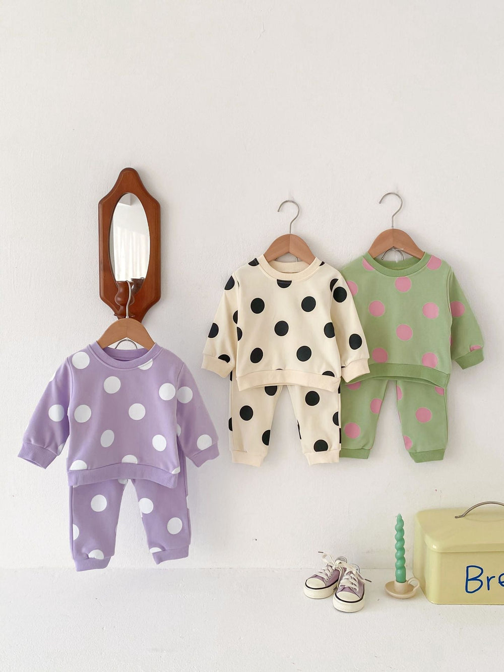 Träningsdräkt med prickar – DottyDays Flickor, Lila/Beige/Grön, Bomull, Storlek 0–4 år More For Mini