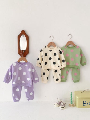 Träningsdräkt med prickar – DottyDays Flickor, Lila/Beige/Grön, Bomull, Storlek 0–4 år More For Mini