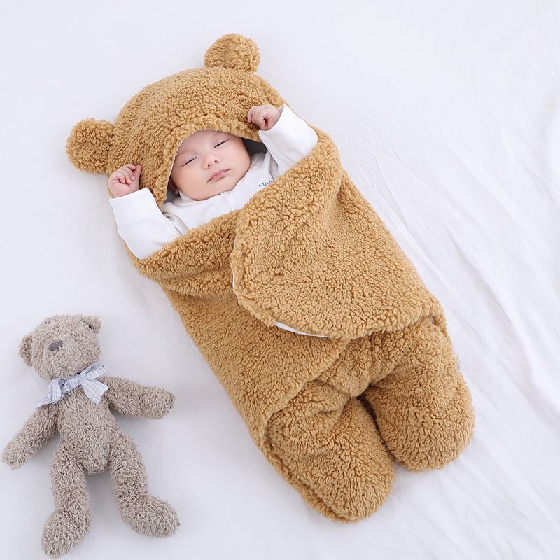 Wikkeldeken met Berenoortjes – Baby, Beige/Blauw/Roze/Wit, Fleece, Katoen-More For Mini