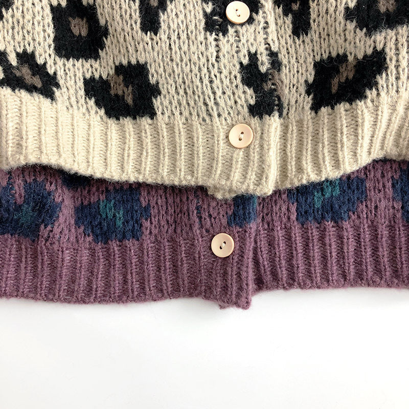 Gebreid Vest met Luipaard print - Meisjes, Beige/Paars, Katoen, Maat 0-6 Jaar-More For Mini