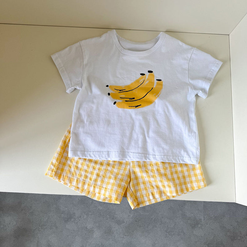 Frubino Frukt & Grönt Set – Sommarklädeset Baby/Småbarn/Barn 0–9 år – T-shirt + Rutiga Shorts – 100 % Bomull – Unisex – Fruktmotiv More For Mini
